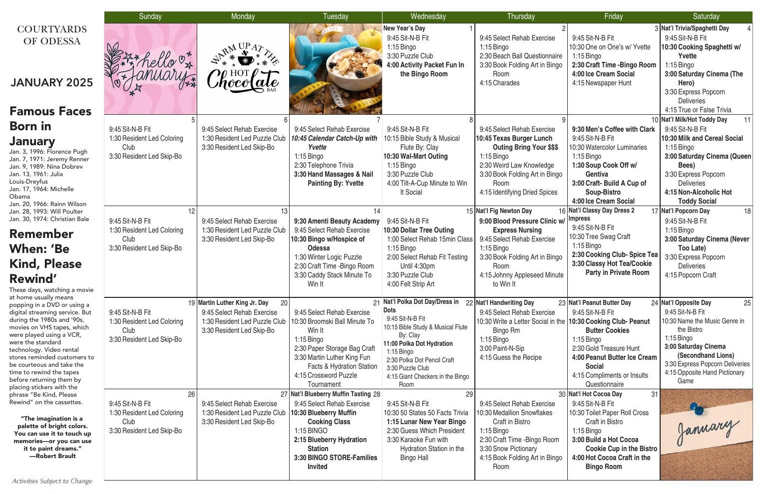 Assisted Living Event Calendar