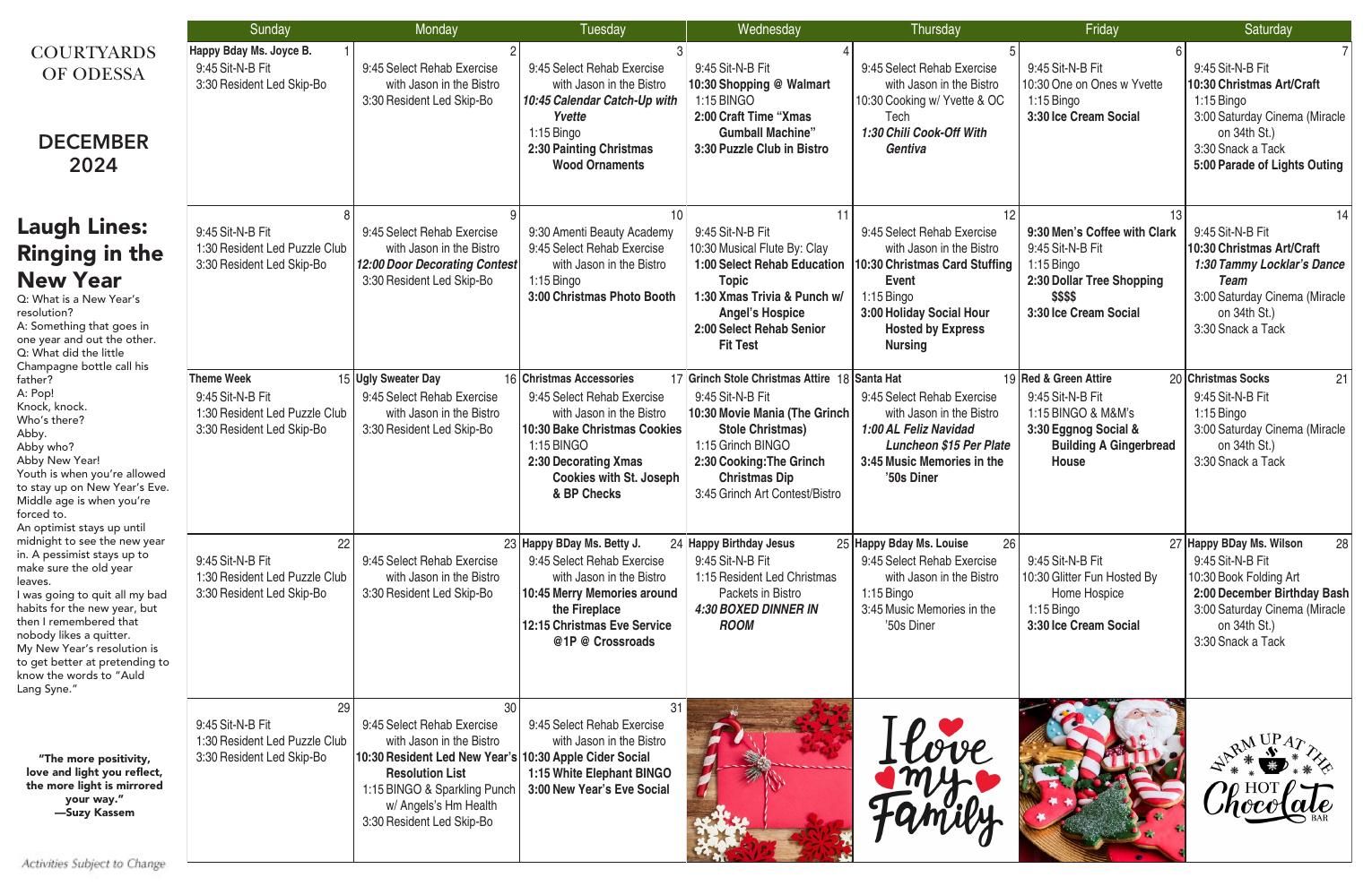 Assisted Living Event Calendar